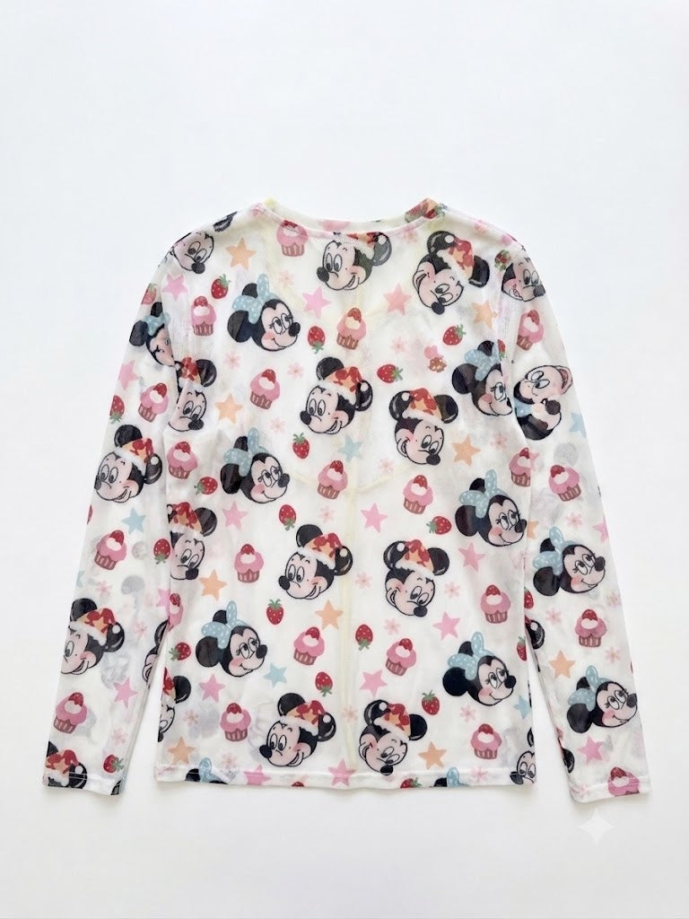 Cute Cartoon Print Sheer Long Sleeve Top | Y2K Kawaii Harajuku