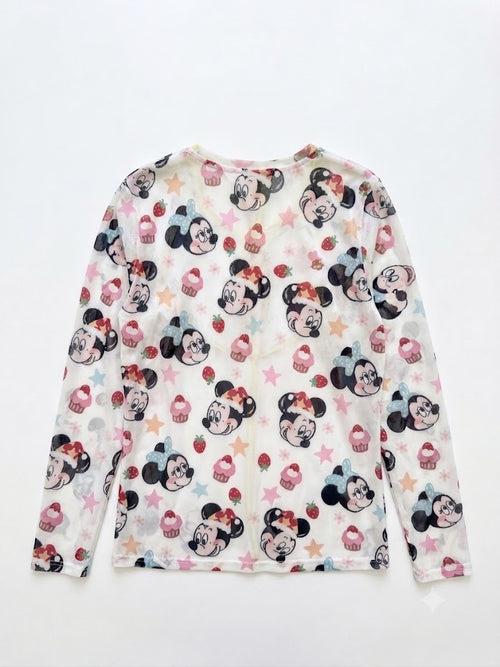 Cute Cartoon Print Sheer Long Sleeve Top | Y2K Kawaii Harajuku