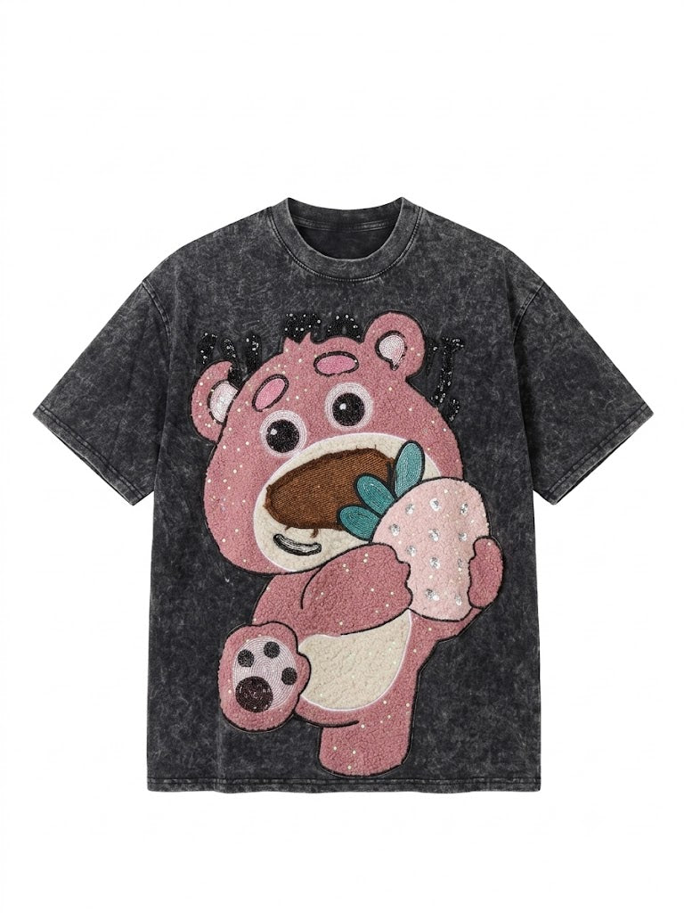 Vintage Teddy Patchwork Oversized T-Shirt – Acid Wash Black