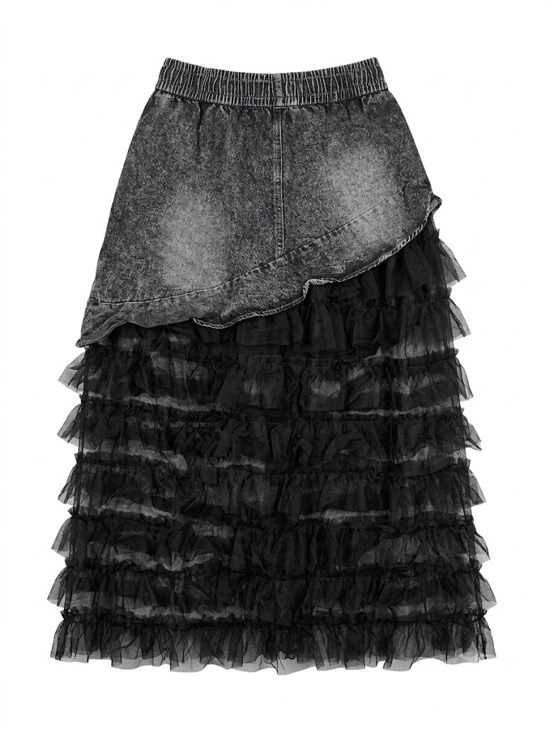 Y2K Washed Denim & Mesh Tiered Maxi Skirt