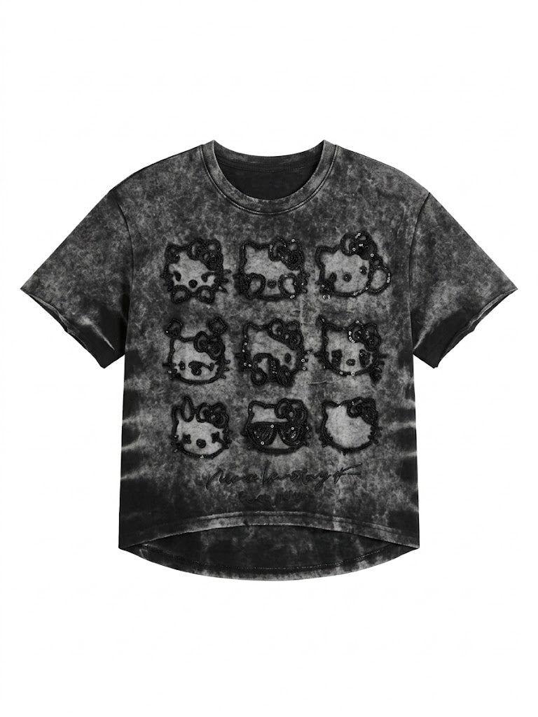 Vintage Rhinestone Patch Graphic T-Shirt – Acid Wash Black