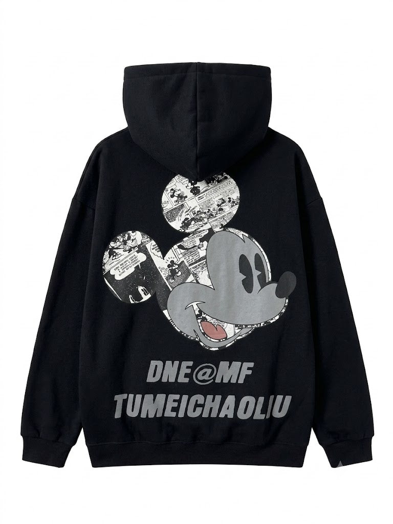 Black Rhinestone Cartoon Graphic Hoodie | Y2K Oversized Comic Sweatshirt