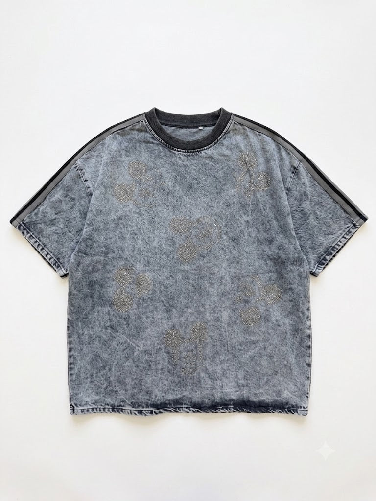 Washed Denim Rhinestone Two-Piece Set – Grey