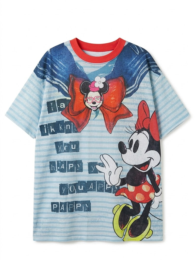 Vintage Cartoon Stripe Graphic Oversized T-Shirt – Blue