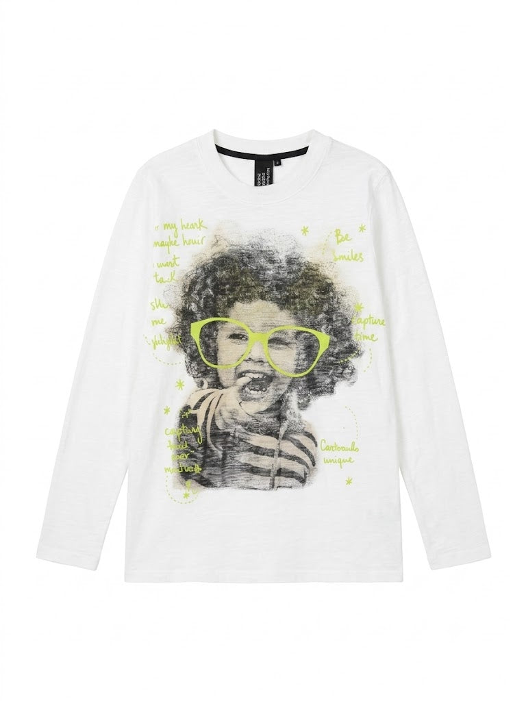 White Graphic Long Sleeve T-Shirt with Neon Glasses Print | Casual Streetwear Top