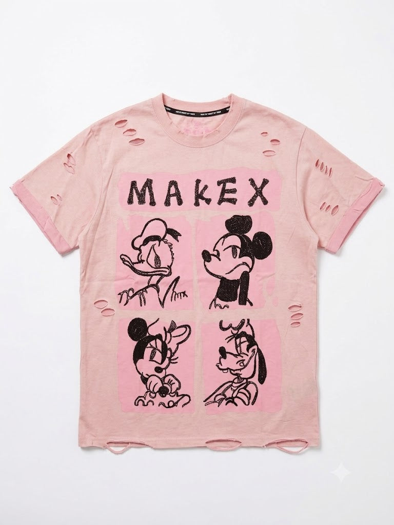 Pink Distressed Cartoon Graphic T-Shirt | Y2K Vintage Streetwear Tee
