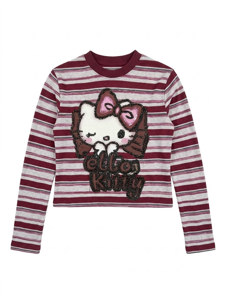 Burgundy Stripe Bow Kitty Long Sleeve Top
