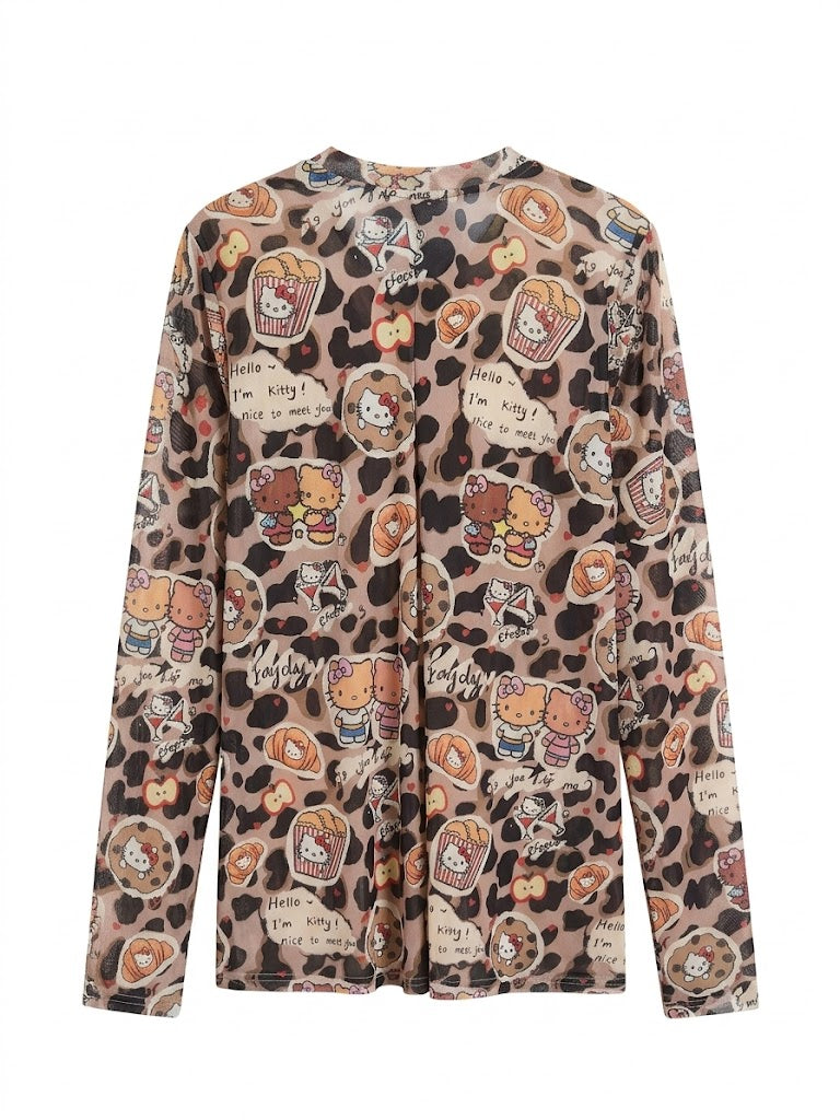 Leopard Kitty Graphic Mesh Long Sleeve Top | Y2K Harajuku Cute Punk