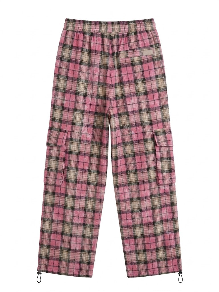 Pink Plaid Wide-Leg Cargo Pants with Cartoon Graphic