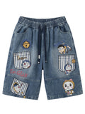 Washed Denim Cartoon Patch Bermuda Shorts | Y2K Drawstring Shorts