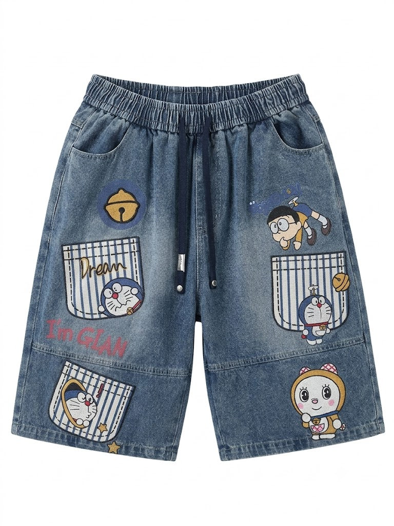 Washed Denim Cartoon Patch Bermuda Shorts | Y2K Drawstring Shorts