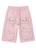 Kawaii Patch Pocket Distressed Denim Shorts – Pink