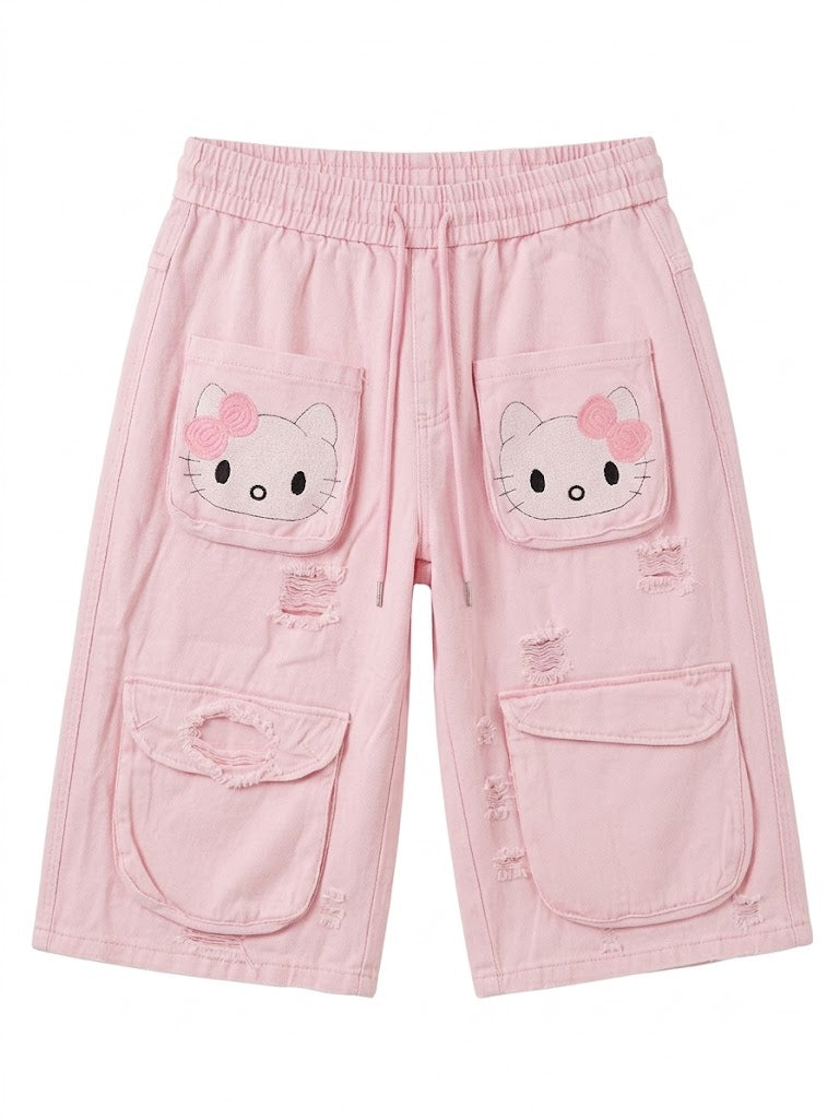 Kawaii Patch Pocket Distressed Denim Shorts – Pink