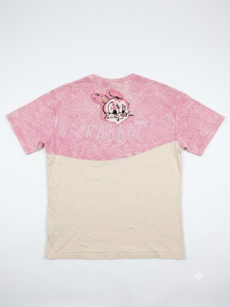 Vintage Patchwork Bunny Acid Wash Oversized T-Shirt – Pink