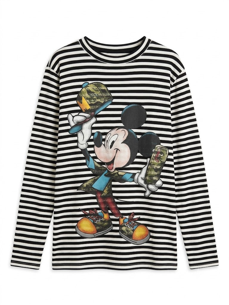 Vintage Stripe Graphic Long Sleeve Tee – Black & White