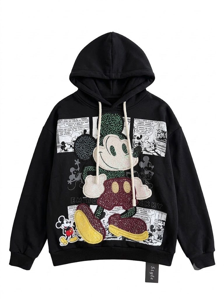 Black Rhinestone Cartoon Graphic Hoodie | Y2K Oversized Comic Sweatshirt