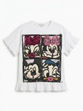 Ruffle Hem Patchwork Graphic T-Shirt – White