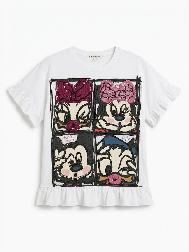 Ruffle Hem Patchwork Graphic T-Shirt – White