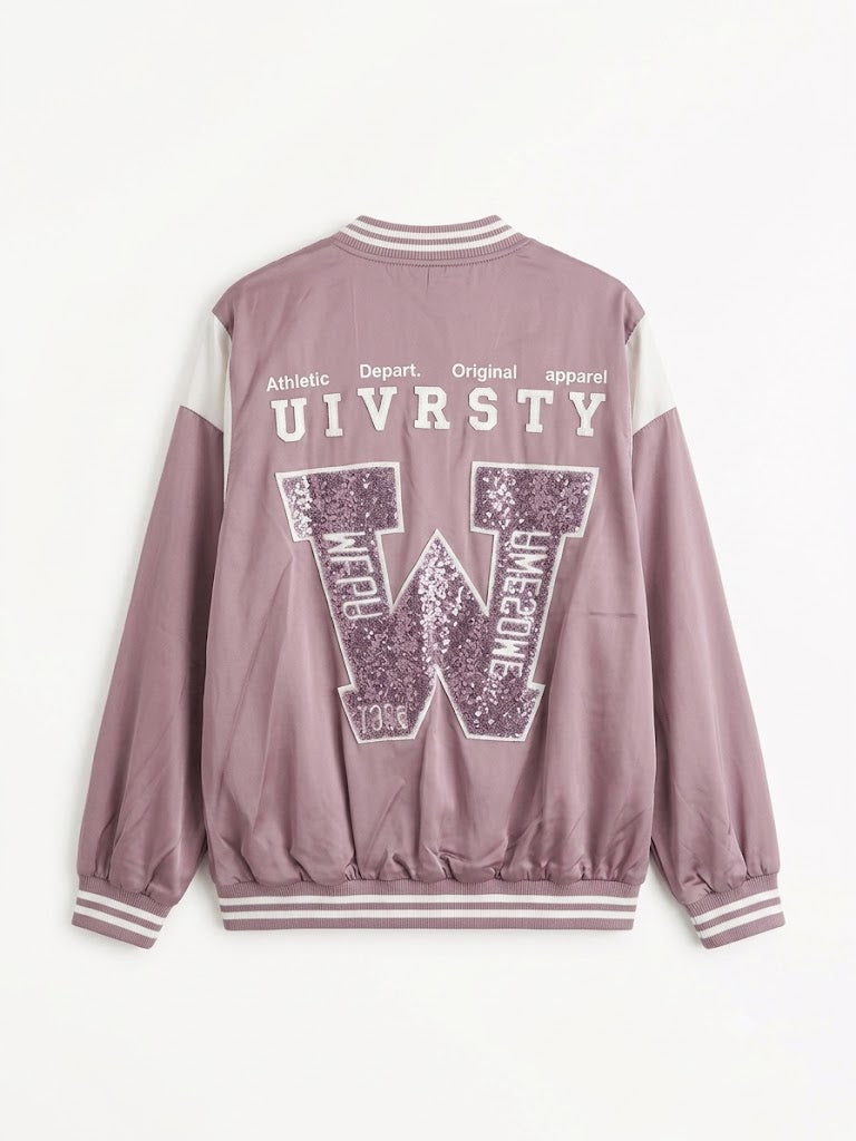 Dusty Pink Sequin Varsity Bomber Jacket | Y2K Zip-Up Jacket