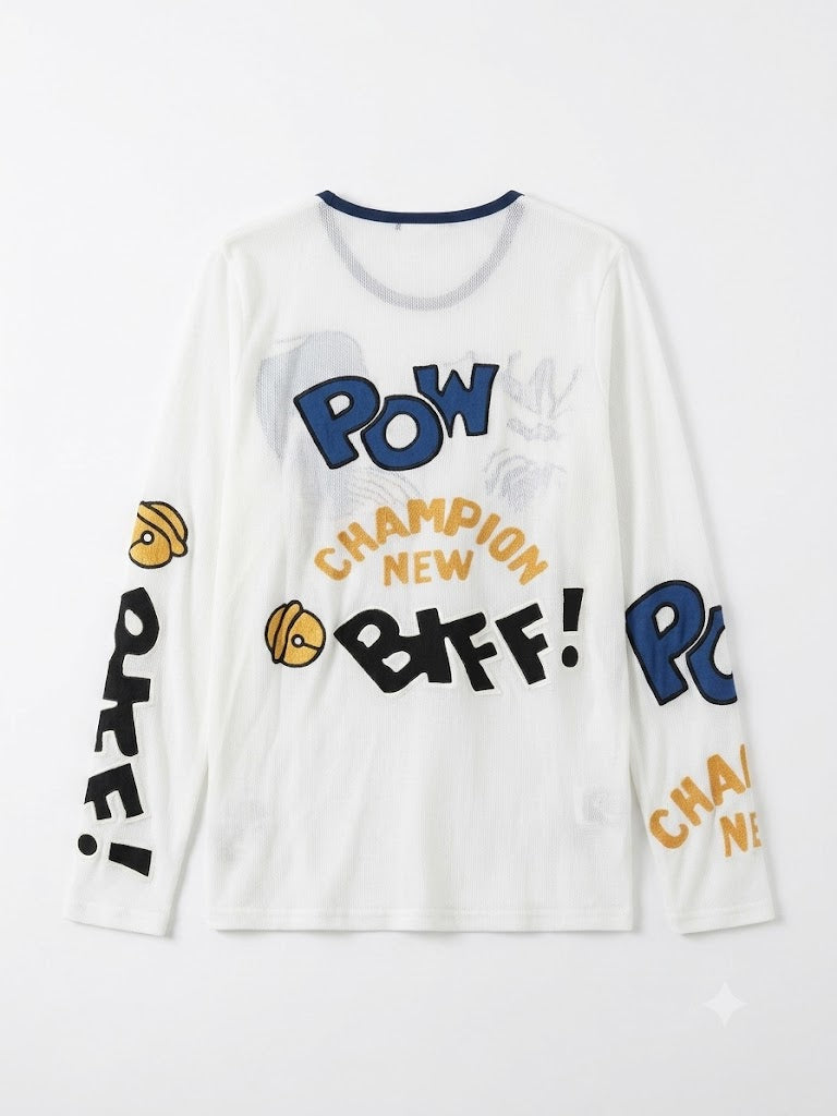 Sparkle Patch Graphic V-Neck Long Sleeve Top – White