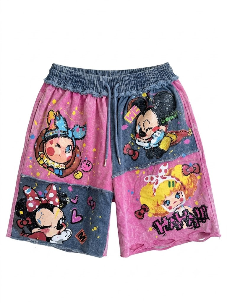 Pink Denim Patchwork Graphic Shorts | Distressed Y2K Bermuda Shorts