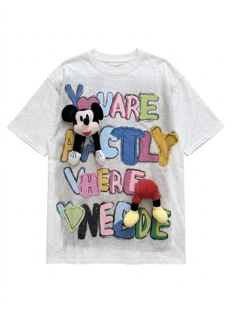 3D Plush Patchwork Graphic Oversized T-Shirt – White