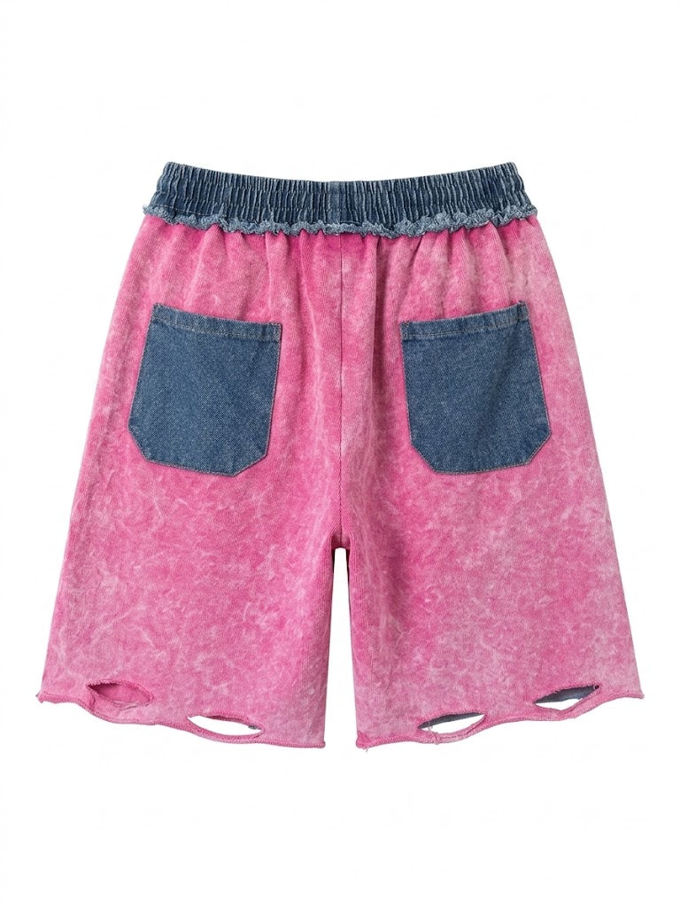 Pink Denim Patchwork Graphic Shorts | Distressed Y2K Bermuda Shorts