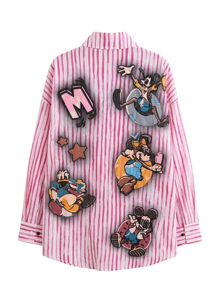 Pink Kawaii Striped Button-Up Shirt