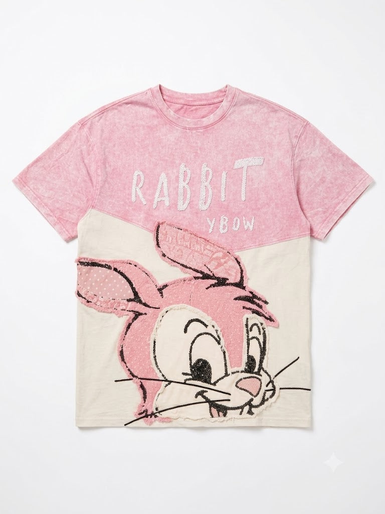 Vintage Patchwork Bunny Acid Wash Oversized T-Shirt – Pink