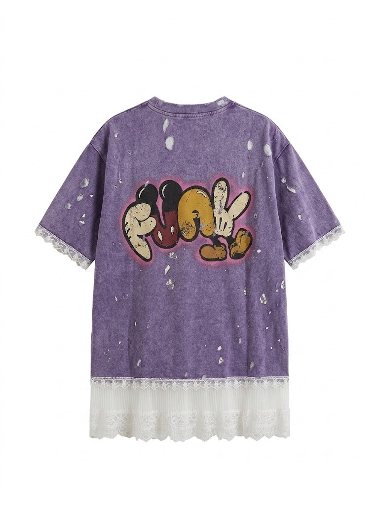 Purple Lace Distressed Rhinestone Cartoon Graphic T-Shirt | Y2K Coquette Grunge Top