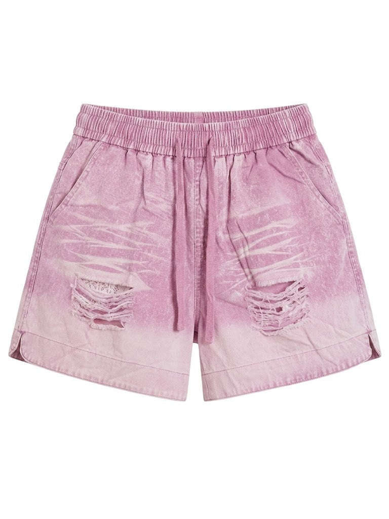 Pink Washed Distressed Denim Shorts | Vintage Cartoon Patchwork Shorts