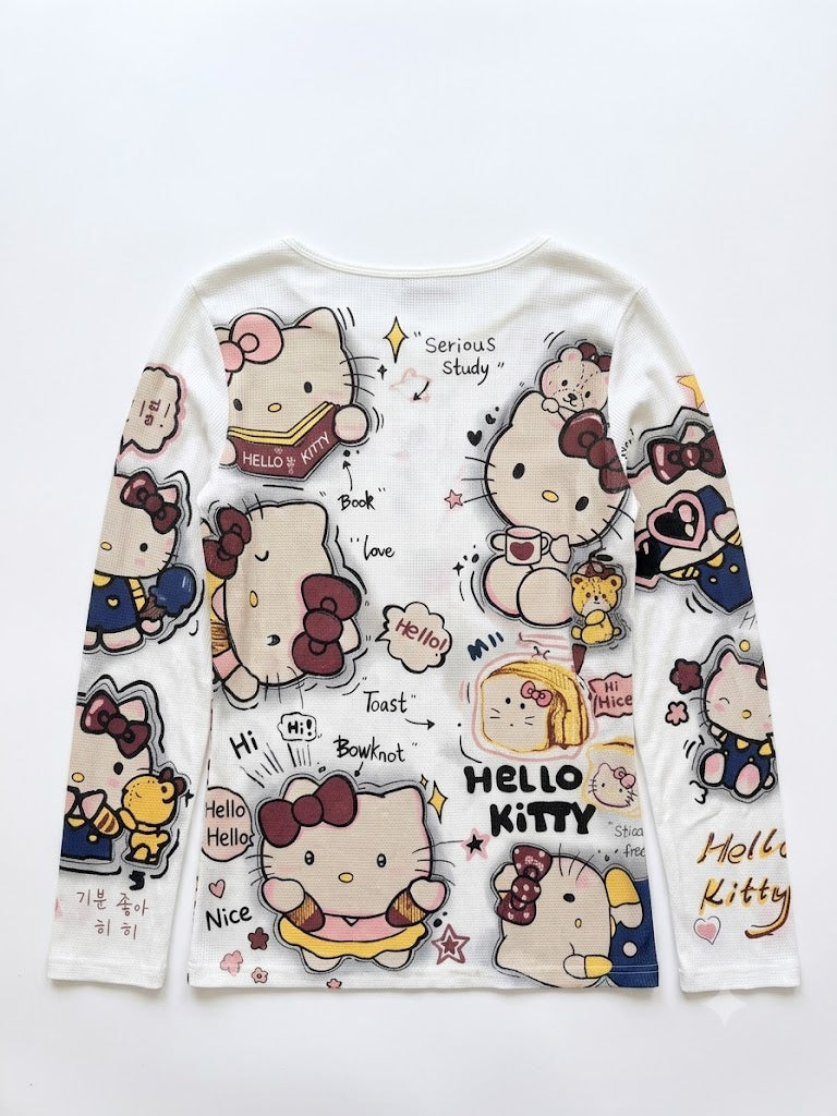 Kawaii Kitty Graphic Sheer Knit Long Sleeve Top | Y2K Harajuku Style