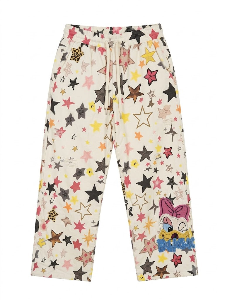 Y2K Star Print Wide Leg Pants | Cream