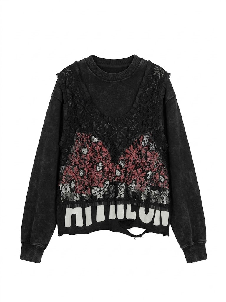 Vintage Lace Layered Distressed Sweatshirt