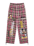 Pink Plaid Wide-Leg Cargo Pants with Cartoon Graphic