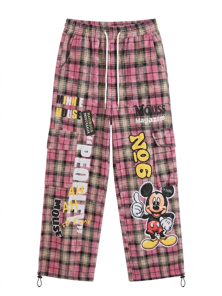 Pink Plaid Wide-Leg Cargo Pants with Cartoon Graphic