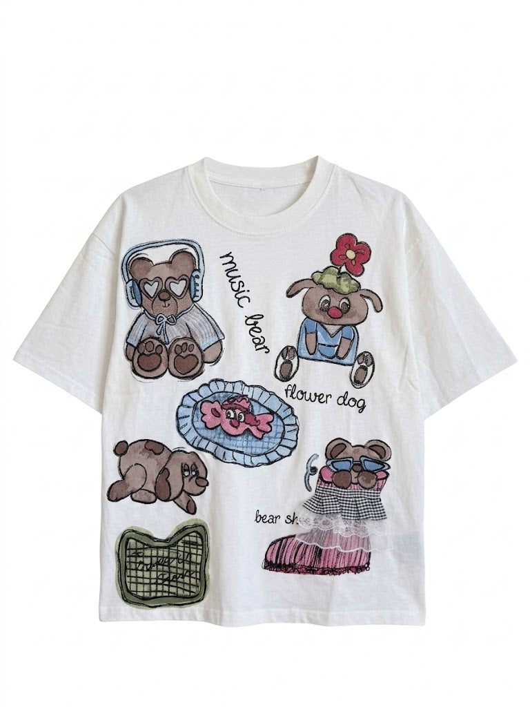 Kawaii Patchwork Graphic Oversized T-Shirt – White