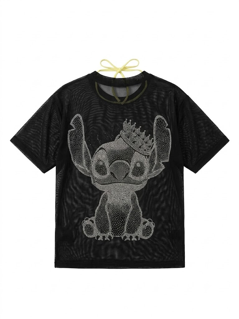 Rhinestone Crown Mesh Oversized T-Shirt – Black