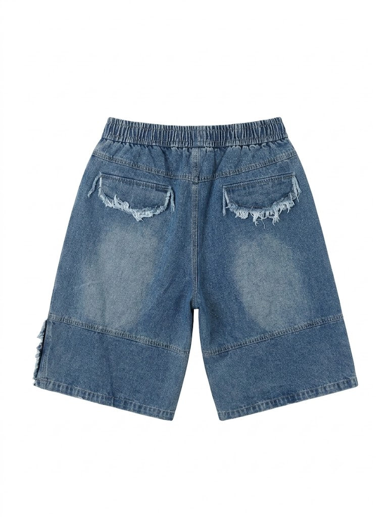 Washed Denim Cartoon Patch Bermuda Shorts | Y2K Drawstring Shorts