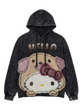 Washed Black Patchwork Graphic Hoodie | Rhinestone Y2K Oversized Sweatshirt