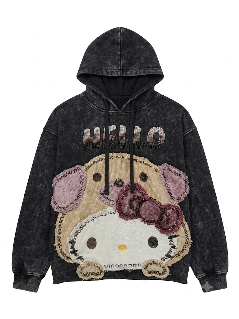 Washed Black Patchwork Graphic Hoodie | Rhinestone Y2K Oversized Sweatshirt