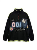 Black Cartoon Appliqué Half-Zip Pullover | Y2K Oversized Sweatshirt