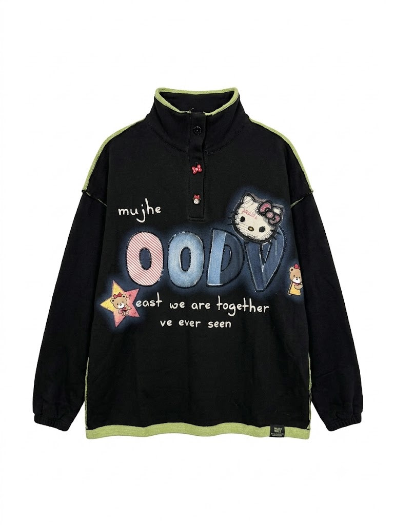Black Cartoon Appliqué Half-Zip Pullover | Y2K Oversized Sweatshirt