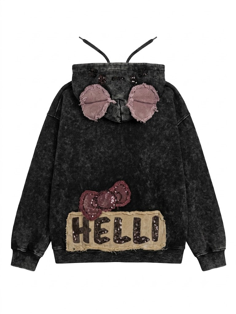 Washed Black Patchwork Graphic Hoodie | Rhinestone Y2K Oversized Sweatshirt