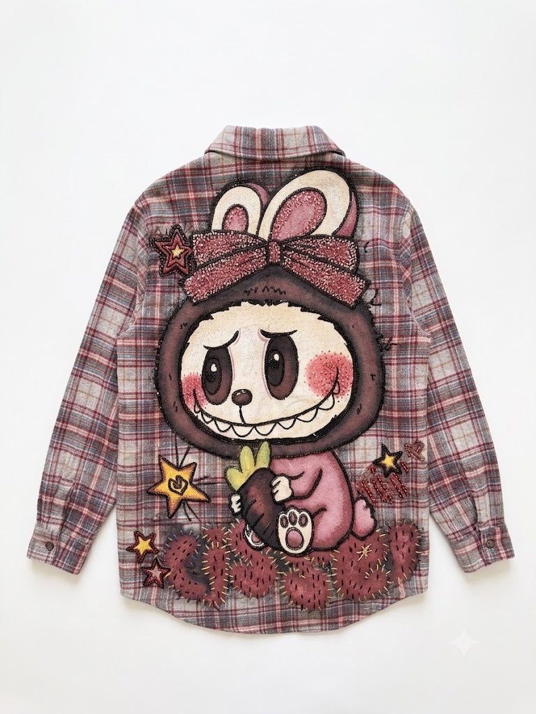 Vintage Plaid Patchwork Graphic Oversized Shirt – Brown
