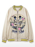 Beige Embroidered Varsity Bomber Jacket | Vintage Cartoon Floral Jacket