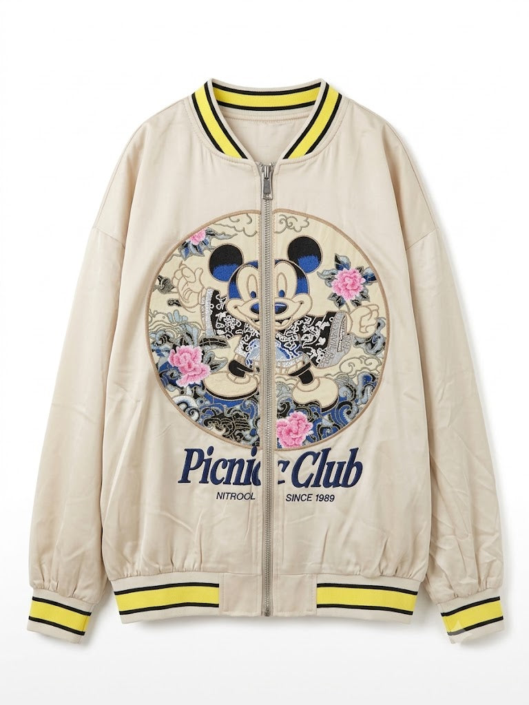 Beige Embroidered Varsity Bomber Jacket | Vintage Cartoon Floral Jacket