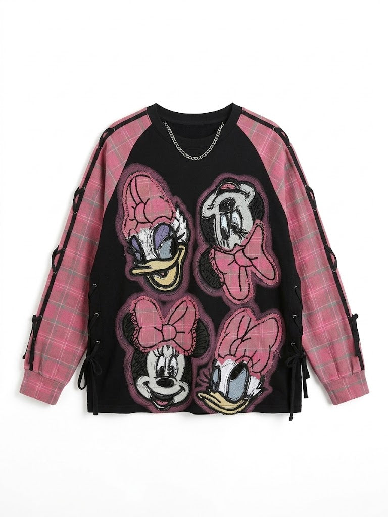 Pink Plaid Cartoon Patchwork Lace-Up Sweatshirt