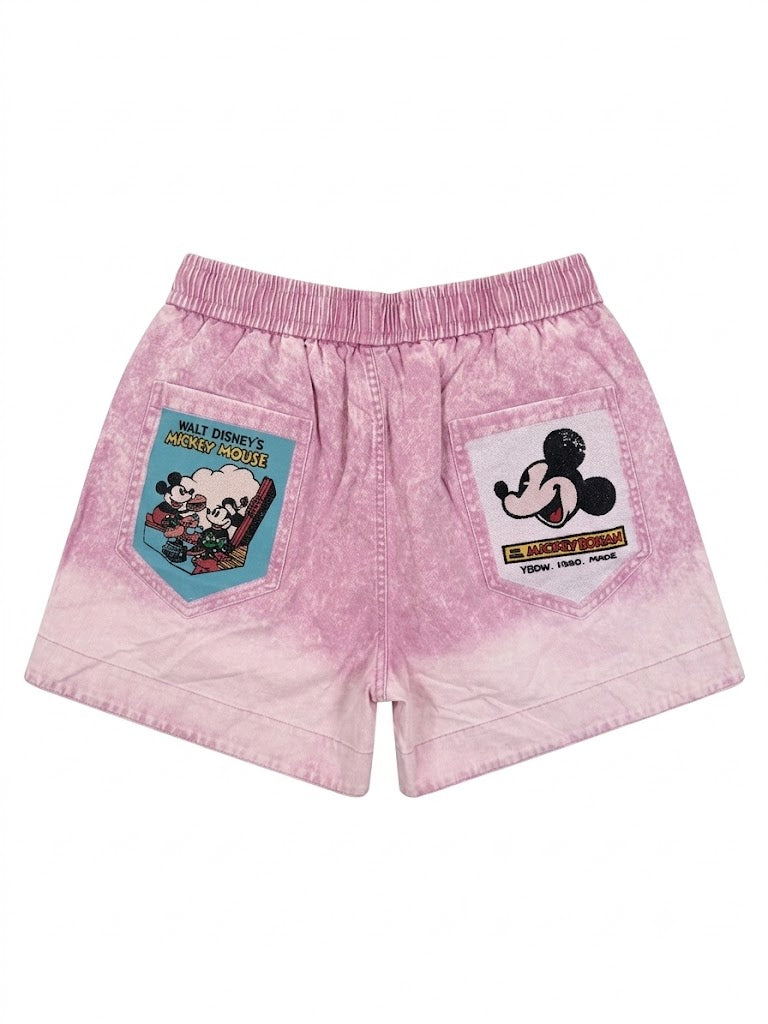 Pink Washed Distressed Denim Shorts | Vintage Cartoon Patchwork Shorts