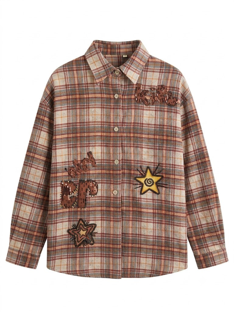 Vintage Plaid Patchwork Graphic Oversized Shirt – Brown